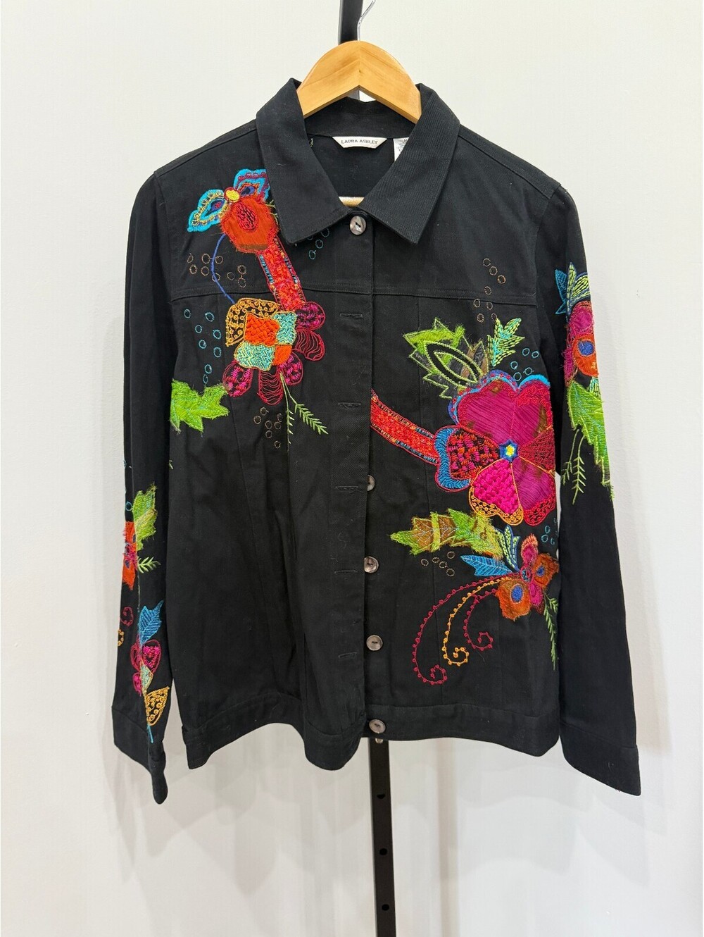 NWT Laura Ashley Black Jacket with Colorful Floral Embroidery Medium